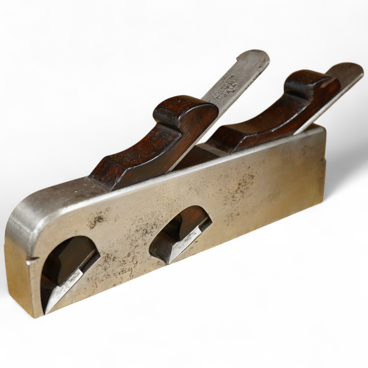 A Spiers twin iron rebate shoulder plane with rosewood infill and wedges, 1 1/4”, one iron by Ward, the other unmarked